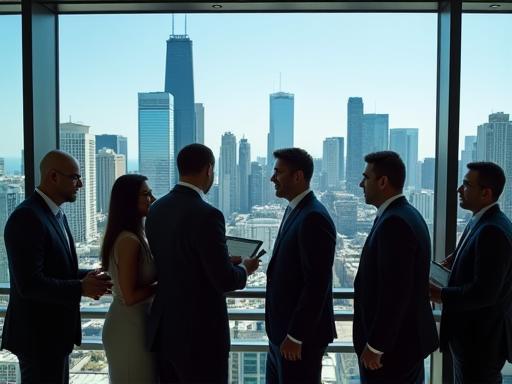 printserv Solutions team in their Chicago office with city view