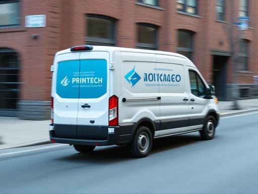 Service van with printserv Solutions logo moving quickly through Chicago streets
